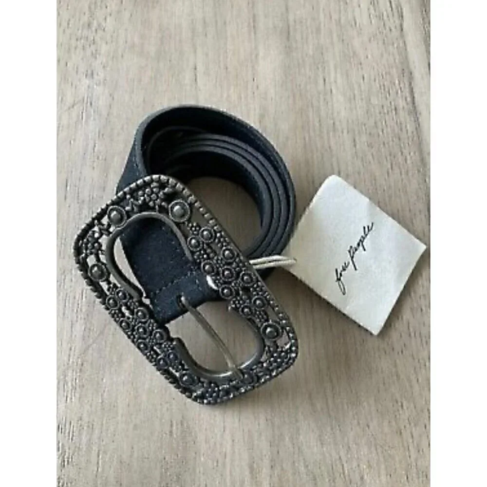 Free People Black Leather Belt With Ornate Buckle XS/S, WESTERN, COWGIRL,